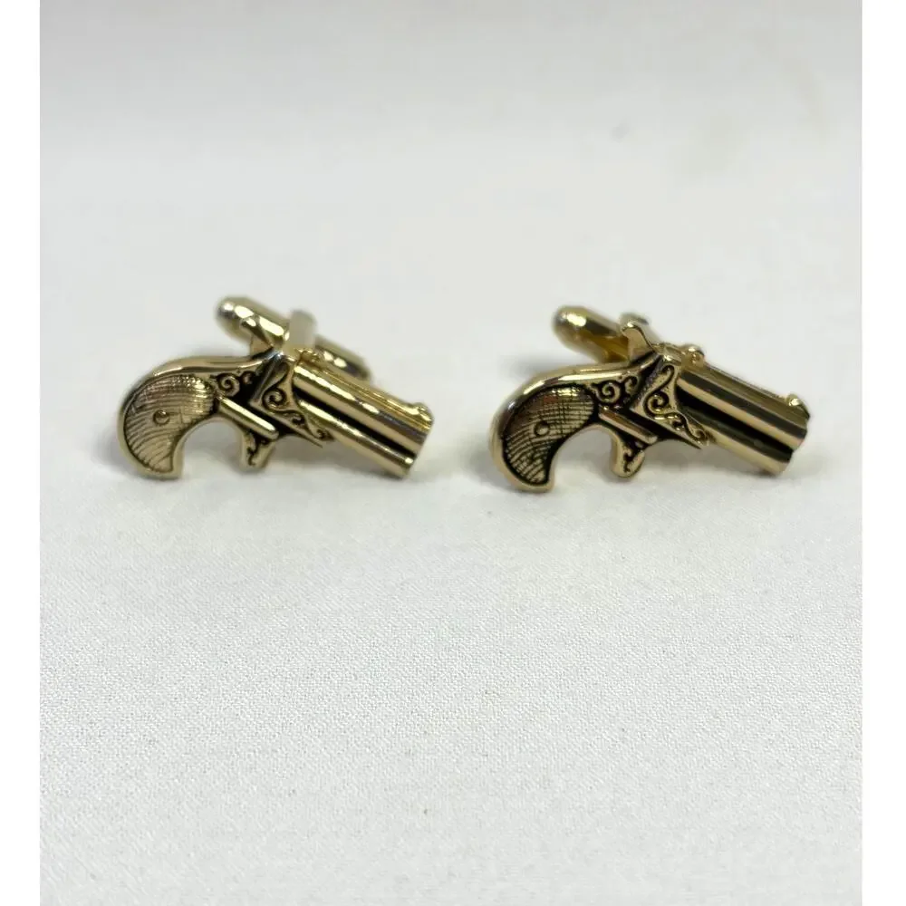 Vintage Gold Tone Revolver Pistol Cufflinks Men's Novelty Statement